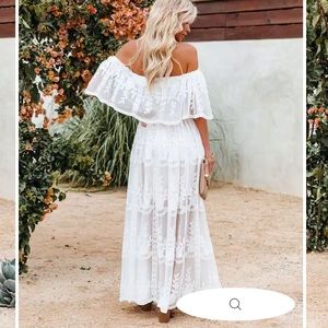 Off the shoulder white lace maxi dress